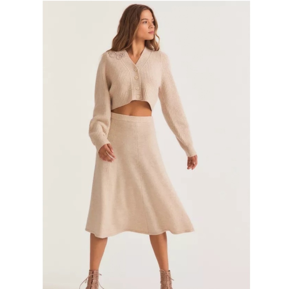 NWT LoveShackFancy Hardin Cashmere Midi Skirt - Wheat - X-Small - $425